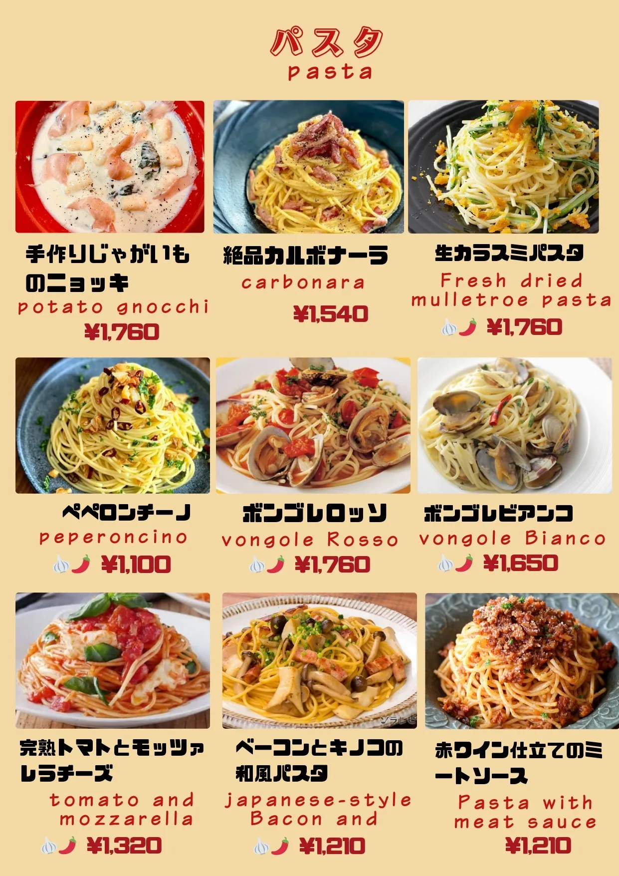 パスタのメニュー表